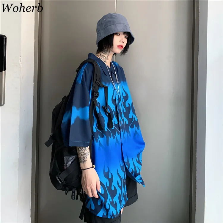 

Woherb Harajuku Loose Summer Tops Women Man Casual Blue Flame Print Blouse Short Sleeve Oversize Blusas Shirt Hip-hop Streetwear