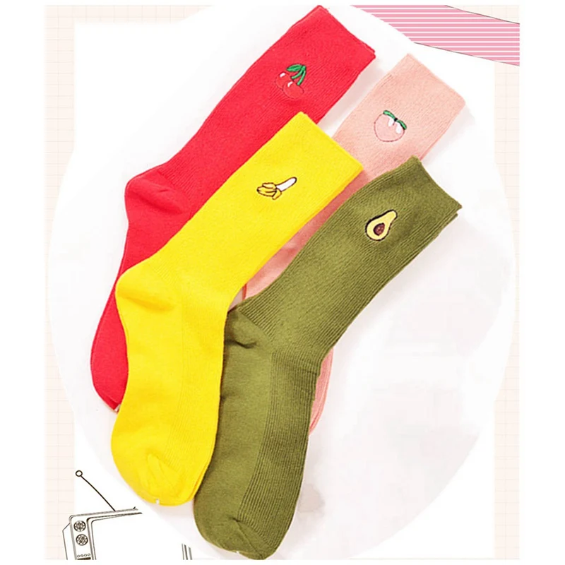4 пары новых хлопковых женских носков с милым фруктовым принтом Meias, длинные разноцветные забавные Женские носочки с вышивкой в стиле ретро, разноцветные чулки для девочек
