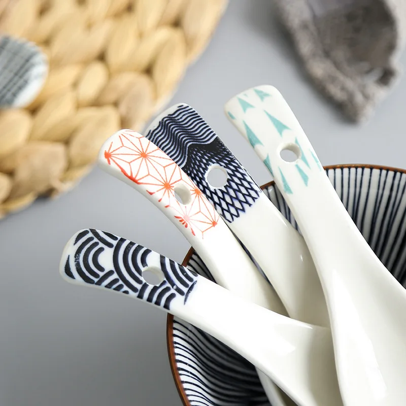 1 pc/14,3 см японского Стиль ложки с длинной ручкой, подглазурная керамики ложки столовые приборы, для кухни аксессуары