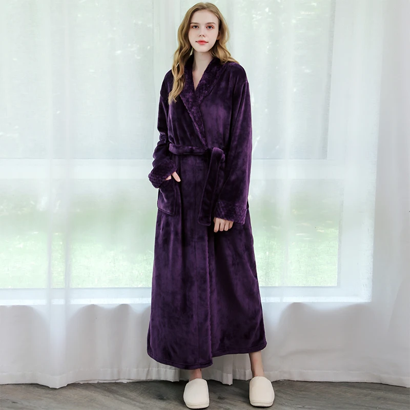 Women Purple Для влюбленных, зимний, удлиненный, размера плюс, фланелевый, коралловый флис, теплый халат, женский, Добби, кимоно, банный халат, для подружки невесты, сексуальный халат - Цвет: Women Purple