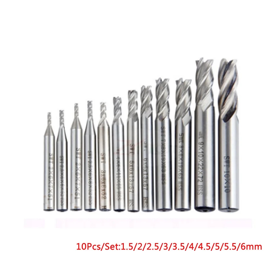 10pcs/set 1.5/2/2.5/3/3.5/4/4.5/5/5.5/6mm High Speed Steel 4 Flute End Mill Cutter HSS straight shank milling cutter