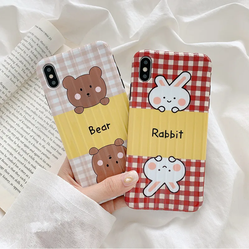 

Retro Striped lattice bear cute Phone case for coque iPhone 7 8 6s Plus 11 Pro XS max case for cover iPhone 7 silicone case X XR