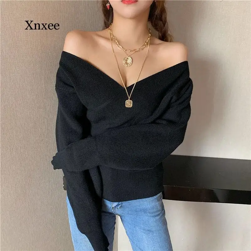 

Fashion Sexy Cross V-Neck Women's Sweater Autumn and Winter Base Slimming Waist Pullover Women's Pullover Casual Solid Tights Be
