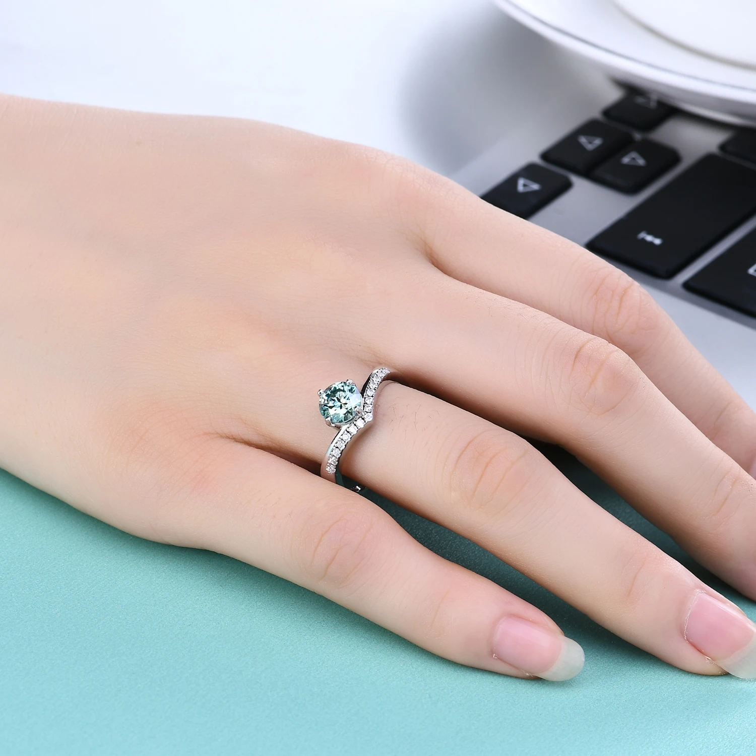 RICA FELIZ 925 Sterling Silver Chevron Ring 1.0Ct 6.5mm Green Moissanite Adjustable Engagement Ring For Women Wedding Jewelry RicaFeliz • 2022