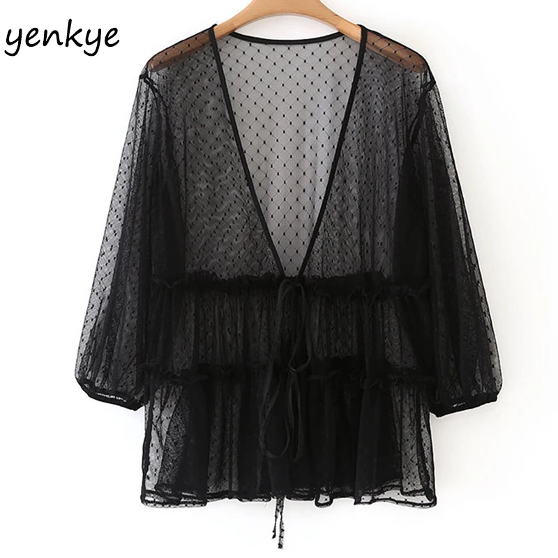 

Modis 2019 Women Vintage Black Semi-Sheer Voile Blouse Romantic Lady Deep V Neck Lantern Sleeve Summer Sexy Tops XZWM19131