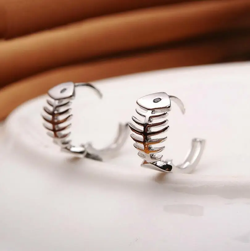 

pendientes 925 Sterling Silver Earrings Fish Bones Hoop Earrings For Women Boucle d'oreille oorbellen brincos S-E33