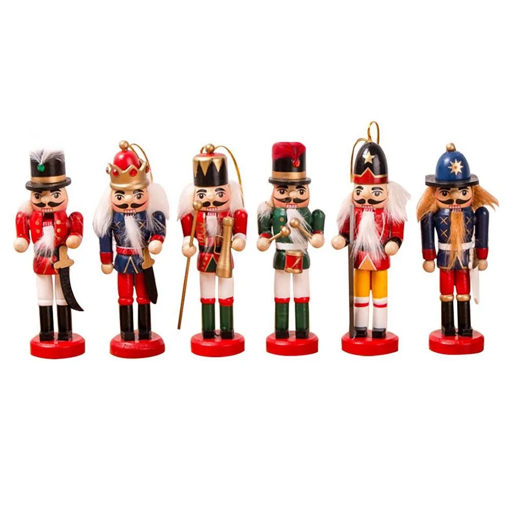 6 Pcs set Wood Nutcracker Puppet Christmas Wooden Handmade Crafts Home Shop Desktop Ornament Decoration Birthday