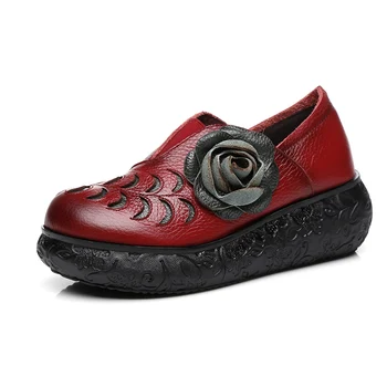 

Women Autumn Genuine Leather High Heels Shoes Handmade Vintage Flower Platform Wedges Shoes Woman Pumps