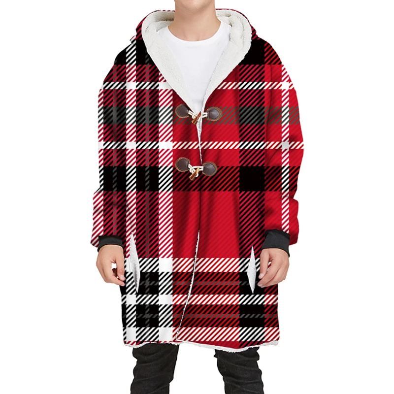 YOUTHUP New Winter Mens Long Velvet Hoodies 3D Different Plaid Printing Hooded Pullovers Thick Hoodies Streetwear