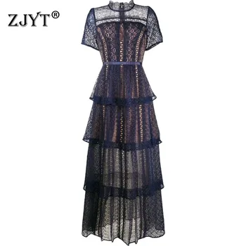 

2020 Summer Long Dress Women High Quality Runway Designers Hollow Out Cascading Ruffle Sexy Maxi Evening Party Dresses Blue
