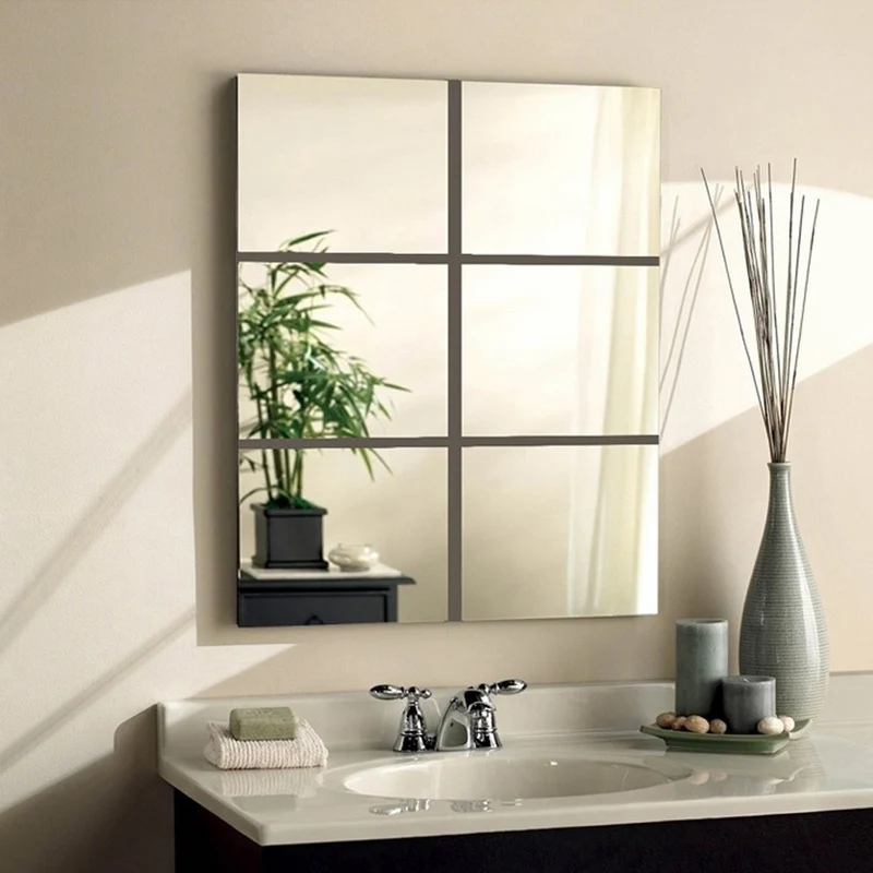 Mirror Tile Wall Sticker Square Self Adhesive Room Bathroom Decor Stick On Arts