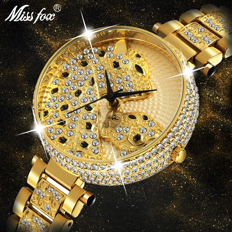 MISSFOX ролевые модные женские часы, 18k золотые леопардовые женские часы, роскошные женские кварцевые часы с бриллиантами, подарки,, лучшая
