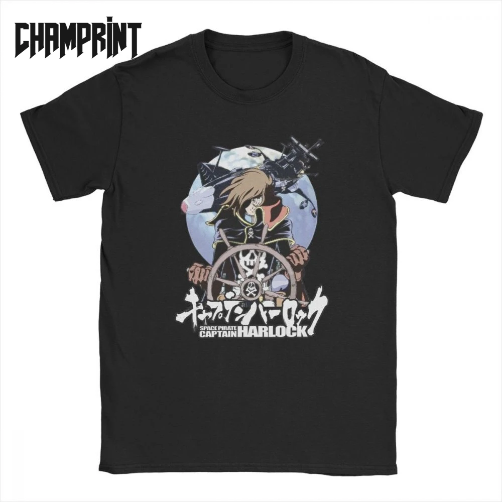 

Space Pirate T-Shirts for Men Harlock Captain Manga Anime Casual Cotton Tees Crew Neck Short Sleeve T Shirts Graphic Printed