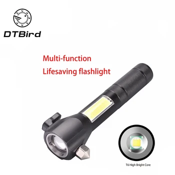 

New Multifunctional Safety Hammer Flashlight COB LED with Cutter USB Charging Red Light Emergency Working Lamp