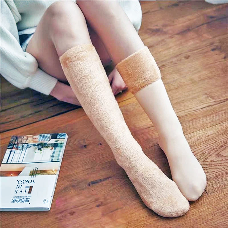 

KingDeng Keep Warm Long Plush Winter Women Sock Plain color Khaki Black Harajuku Simple Moomin Japanese Style Fashion Design