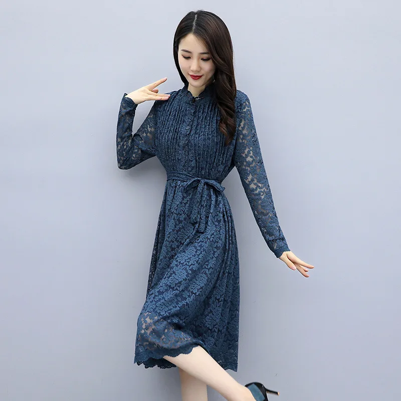 

Embroidery Lace Hollow out Elegant Versatile Waist Hugging Korean-style 2019 Autumn Pullover Dress