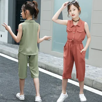 

2020 New Girls' Suit Summer Korean Clothes Older Children's Single Breasted Tank Shirt Fashion Green Brown Two-piece Set Sport