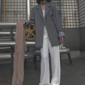 

Retro Simple Women Suit Jacket Solid Gray Stylish Casual Jacket Blazer Negro Mujer Loose Spring Autumn Women Jacket New MM60NXZ