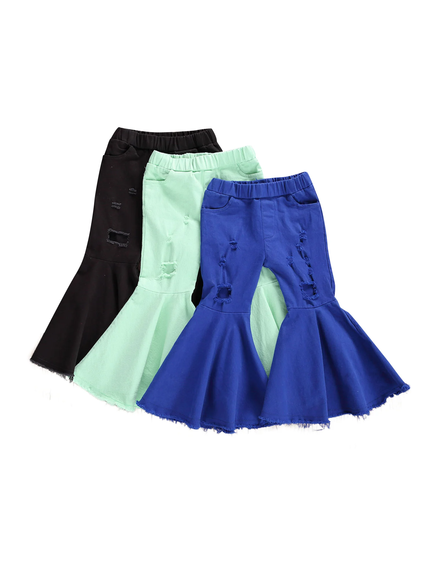 

BY Children Ripped Trousers Kids Girl Elastic Waist Frayed Raw Hem Flared Pants Solid Color Bottoms Ruffle Hole Kids Girls
