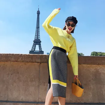 

Candy colors Sweater Sets Autumn New Loose O-neck Knitted Pullover Tops and Patchwork Plaid Bodycon Pencil Skirt 2 Piece Sets