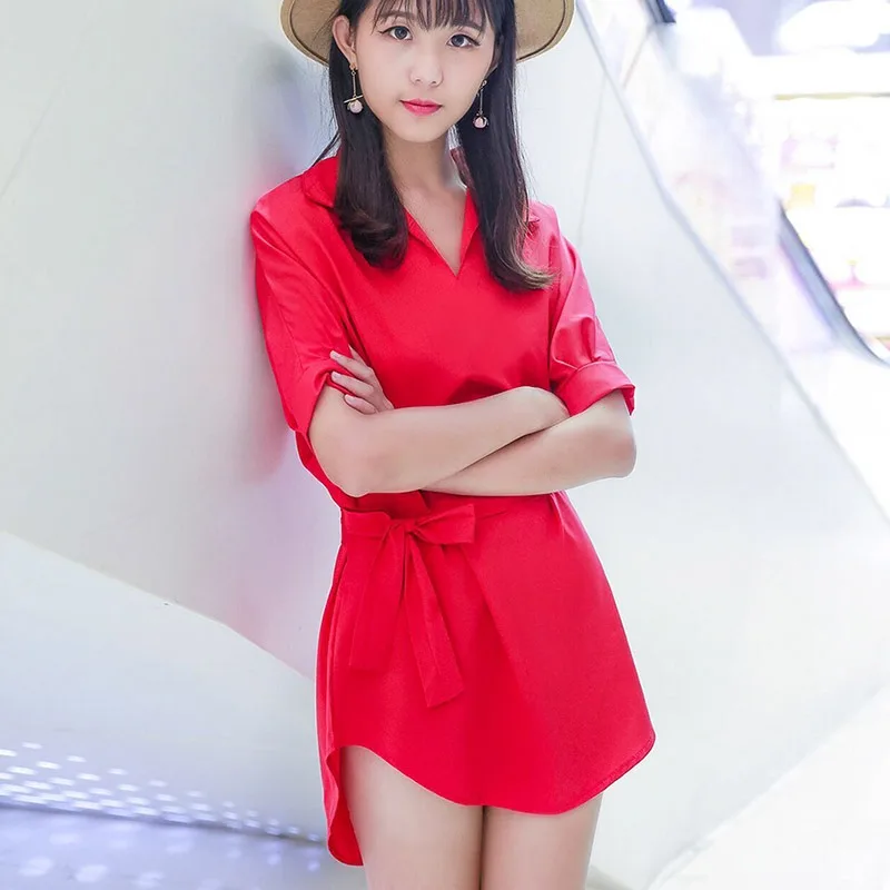 Simple Women's Casual Summer Sash Skirts V-Neck Half Sleeve Loose Mini Shirt Solid Color | Женская одежда
