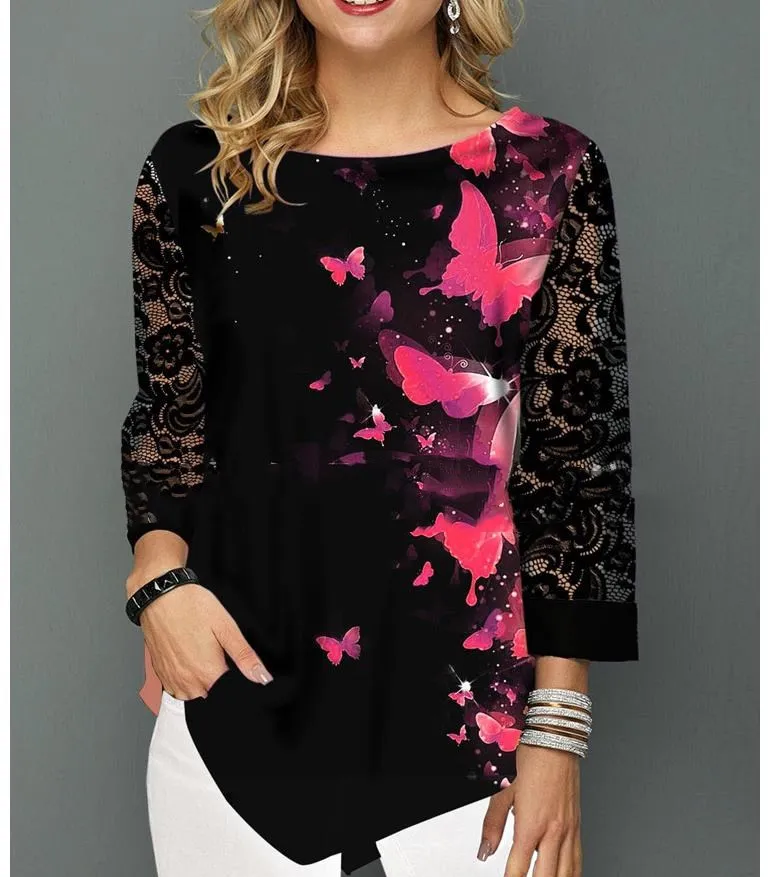 Женская рубашка, весна-осень, с принтом, с круглым вырезом, блузка, 3/4 рукав, повседневная, с подолом, неравномерная, Женская модная рубашка, топы размера плюс - Цвет: style11