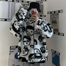 

Korean Winter New Harajuku Lazy BF Style Coat Cute Cartoons Printing Full Sleeve Jacket Zipper Outerwear Lambswool Keep Warm