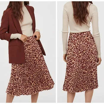 

Elegant Womens Skirts Spring 2020 New Elastic Waist Print Leopard Loose Pleated Skirts Knee Length 66-76 CM Waist Sexy Femininas