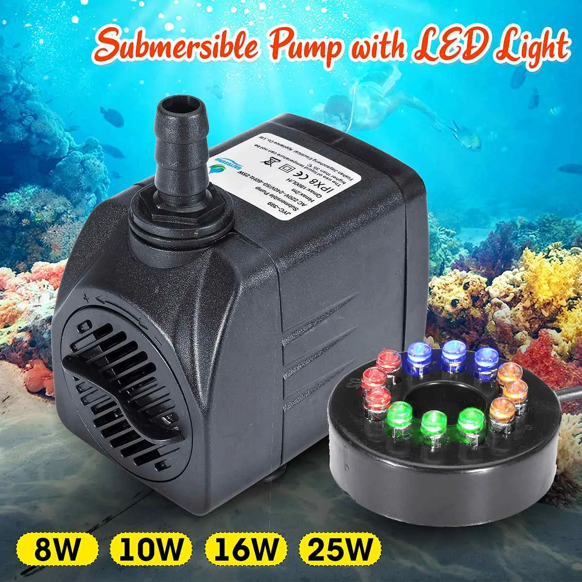 

8W/10W/16W/25W Submersible Water Pump with LED Light Water Fountain Pump Fish Pond Aquarium Tank Water Pump Garden Decoration