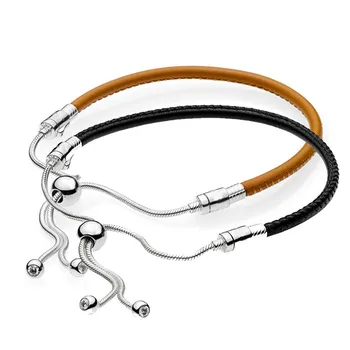 

925 Sterling Silver Bracelet Moments Leather With Adjustable Sliding Clasp Bracelet Bangle Fit Bead Charm Diy Fine Jewelry