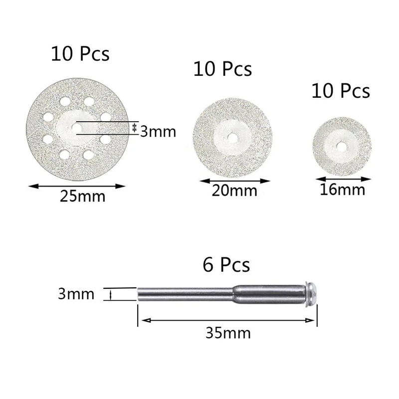 30 шт. алмазные режущие колеса(25 мм/20 мм/16 мм каждый 10), алмазные режущие колеса с покрытием и 6 шт. 3 мм оправки для роторного инструмента