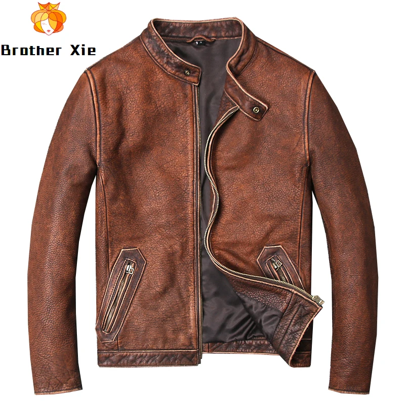 

2020 Vintage Men's Genuine Leather Jackets Yellow Motorcycle Jackets 5XL Cowhide Biker Coat for Male