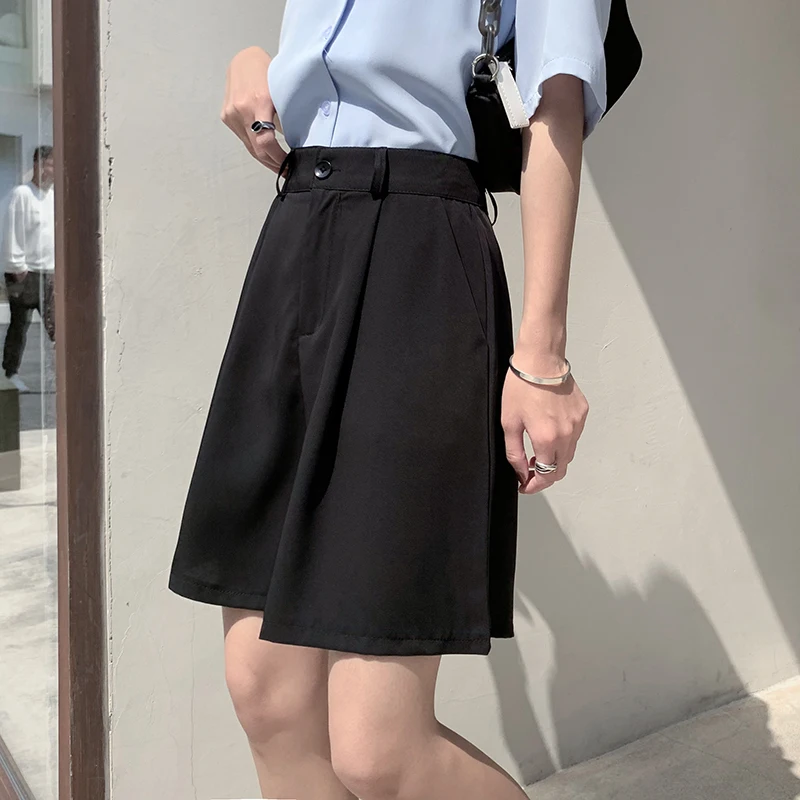 Suit Shorts 2021 Summer New Loose Casual High Waist Slim Wide Leg Shorts Girls Streetwear Sets Shorts Solid Black Pant