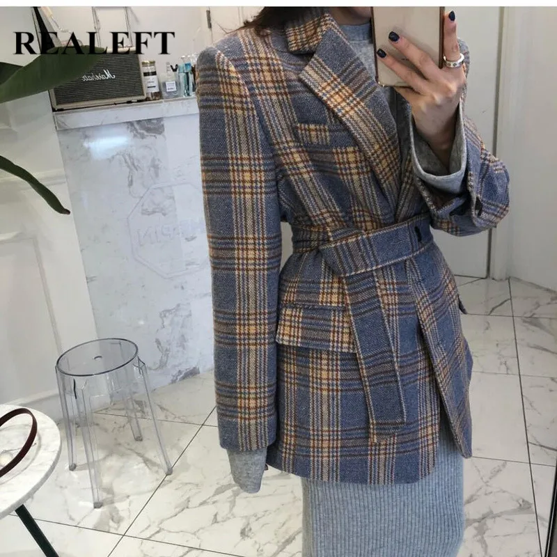 

REALEFT Autumn Winter 2019 New Vintage Plaid Woolen Long Sleeve Women Blazer Jacket with Belt Women Jackets Coats Feminino