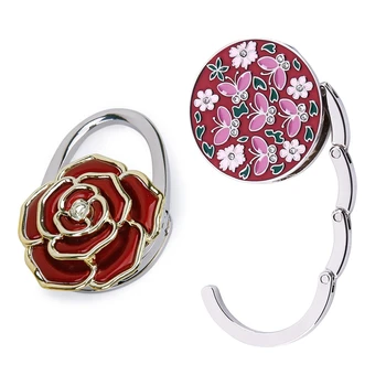 

2pcs Folding Handbag/Purse/Bag Hanger Table Hook Hang Holder - Red Rose Flower Shape with Cloisonne Butterfly Flower Shape