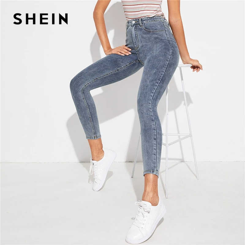 Comprar SHEIN gris Zipper Fly Bleach Wash jeans informales ajustados mujer Bottoms 2019 otoño Streetwear Mediados de cintura pantalones vaqueros abotonados