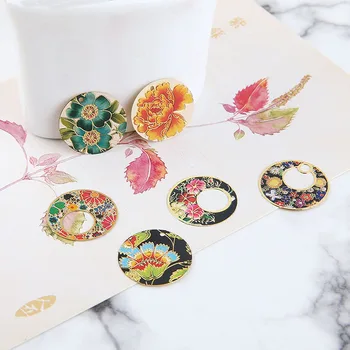 

New style 40pcs/lot color flowers pattern print geometry rounds/water drop shape copper charms diy jewelry earring accessory