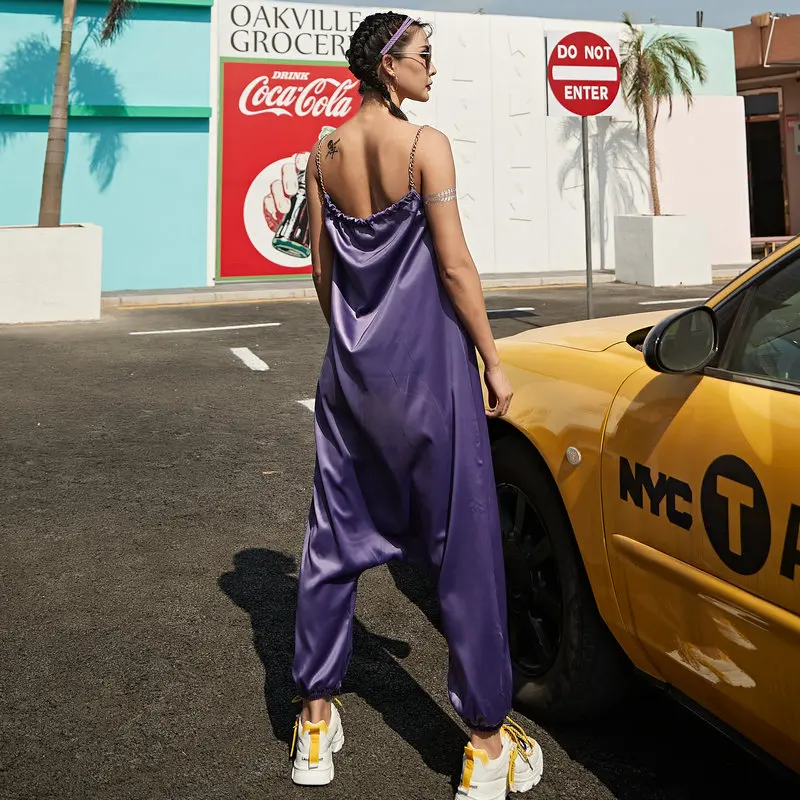 Women Juniors Sleeveless Backless Harem Rompers Jumpers Jumpsuits Summer with Metal Chain Shoulder Strap Streetwear Daisy Print