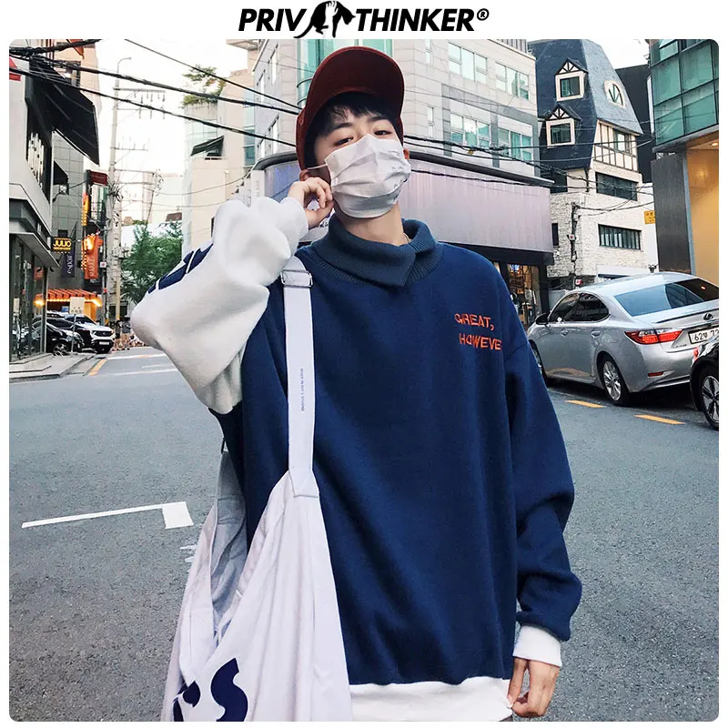 

Privathinker Cotton Embroidery Autumn Winter Mens Hoodies Loose 2019 Male Pullover Sweatshirts Thicken Warm Men Turtleneck Tops