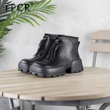 

TPCR 2020 New high quality vintage Casual genuine cowhide girls boots zipper platform fashion All-match short ankle women shoes