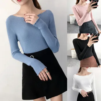 

Knitted Sweater Women's Tight-Fitting Figure Long-Sleeved Sexy Glamorous Curve Solid Color Ribbed Bottoming Pullover Fashion