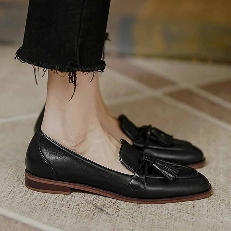 Retro Tassel bow-knot small leather shoes women loafers square toe low heels oxfords woman ins genuine leather fringe flats