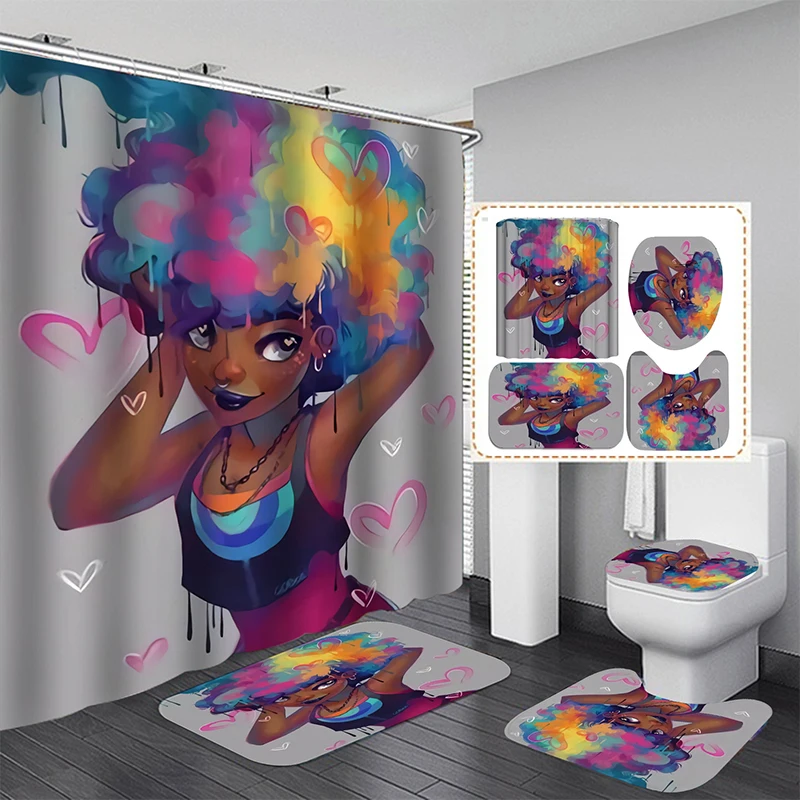 Cute African Girl Shower Curtain Set Waterproof Bathroom Curtains with Anti-slip Bath Mat Toilet Lid Cover Doormat Kitchen Rugs