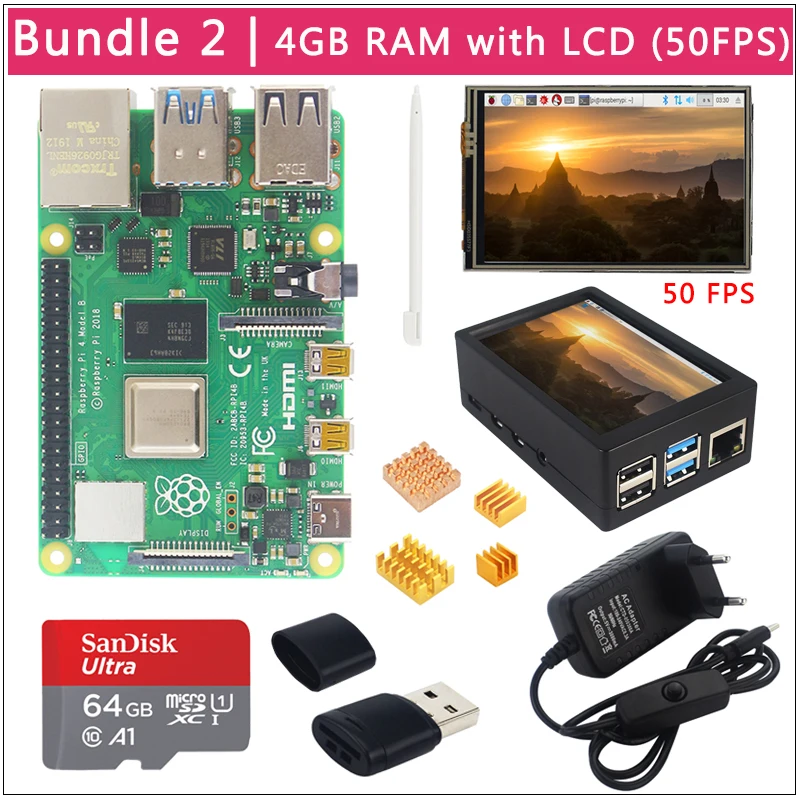 4GB RAM with LCD Raspberry Pi 4 Модель B комплект 3,5 дюймовый ЖК-дисплей 50 кадров в секунду | 64 Гб sd-карта | ABS Чехол | вентилятор | радиатор | USB C адаптер питания | Micro HDMI опционально - Комплект: 4GB RAM with LCD