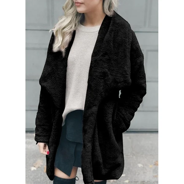 black Длинное пальто из искусственного меха с карманами, флисовое пальто Veste Femme, плюшевая Женская куртка, осенне-зимнее пальто для женщин, mujer Chaqueta Mujer - Цвет: black