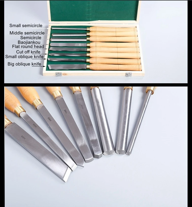 High-speed steel turning tool High-grade 8PCS beech wood handle woodworking tool Round knife Engraving chisel