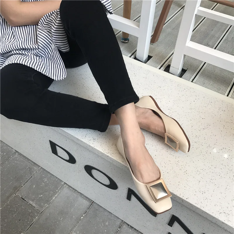 

2020 Spring New Style Korean-style Fashion Elegant Square Head Low-Cut Metal Flat Top Shoes Soft Bottom Shoes