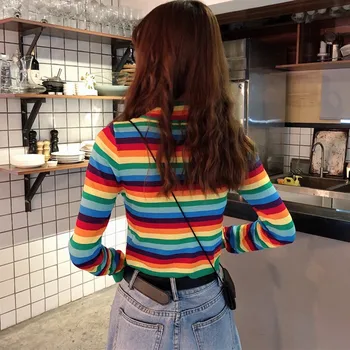

2019 New Women Autumn Winter Stripes Print Slim Long Sleeved Sweet Zipper Collar Slim Bottom Knit Sweater