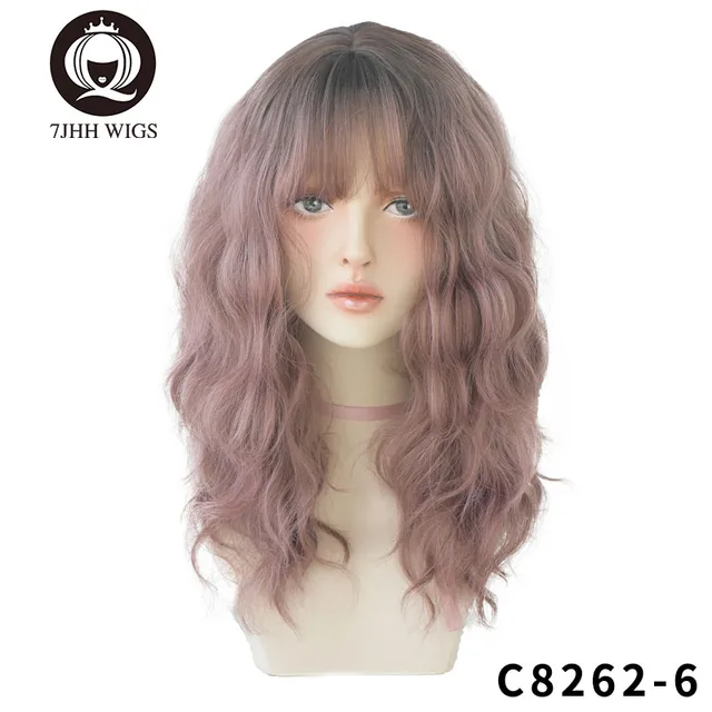 7JHH WIGS Blue Deep Wave Wig With Bangs For Women Long Omber Brown Hair Layered Heat Resistant Cosplay Party Synthetic Wig QP-608-612-R
