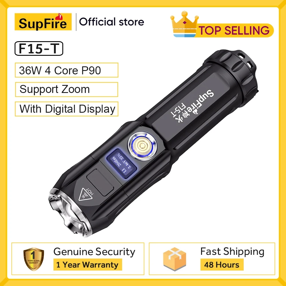 SupFire F15-T 36W Powerful Flashlight With Display 6 Lighting Modes Outdoor Light Camping Lantern Waterproof LED Zoom Torch